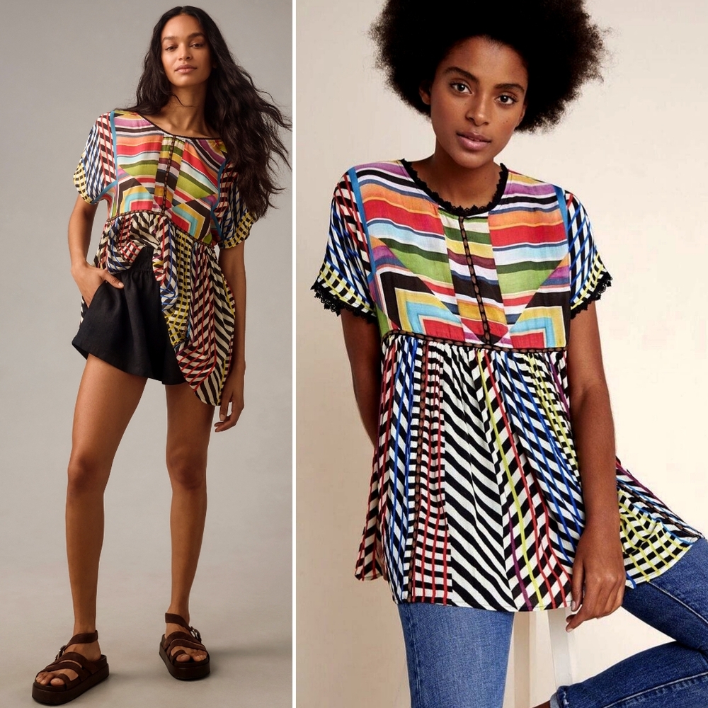 NWT, Anthropologie, Conditions Apply Short-Sleeve Multicolor Tunic Blouse